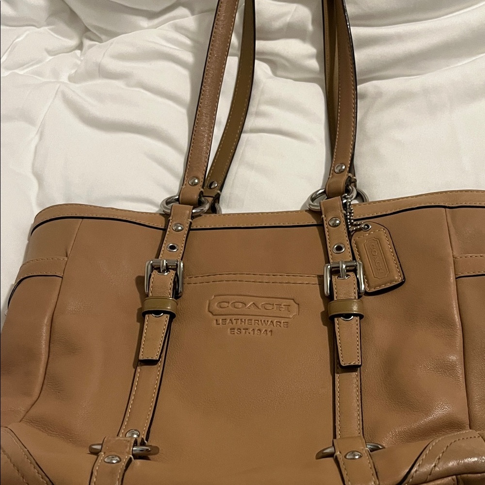 Vintage COACH Tan Leather Shoulder Tote with Buckle Straps